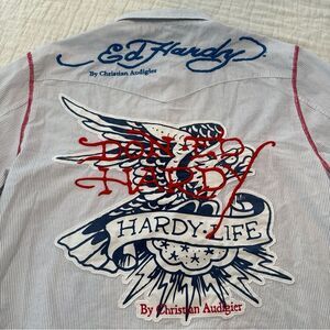 Ed Hardy Christian Audigier XL Pearl Snap Embroidered Flip Cuff Denim Shirt Y2K
